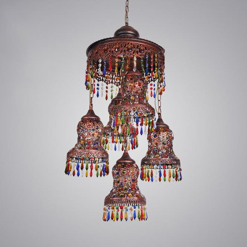 Metal Copper Ceiling Chandelier Curved 5 Bulbs Art Deco Down Lighting Pendant for Bedroom