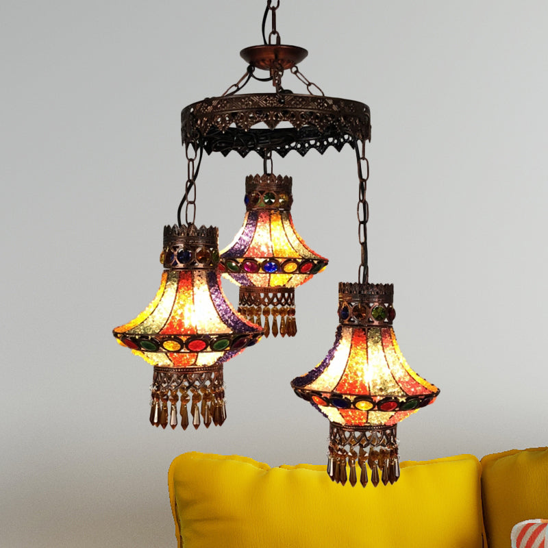 Bohemian Lantern Pendant Chandelier 3/4 Heads Metal Hanging Ceiling Light in Copper for Restaurant