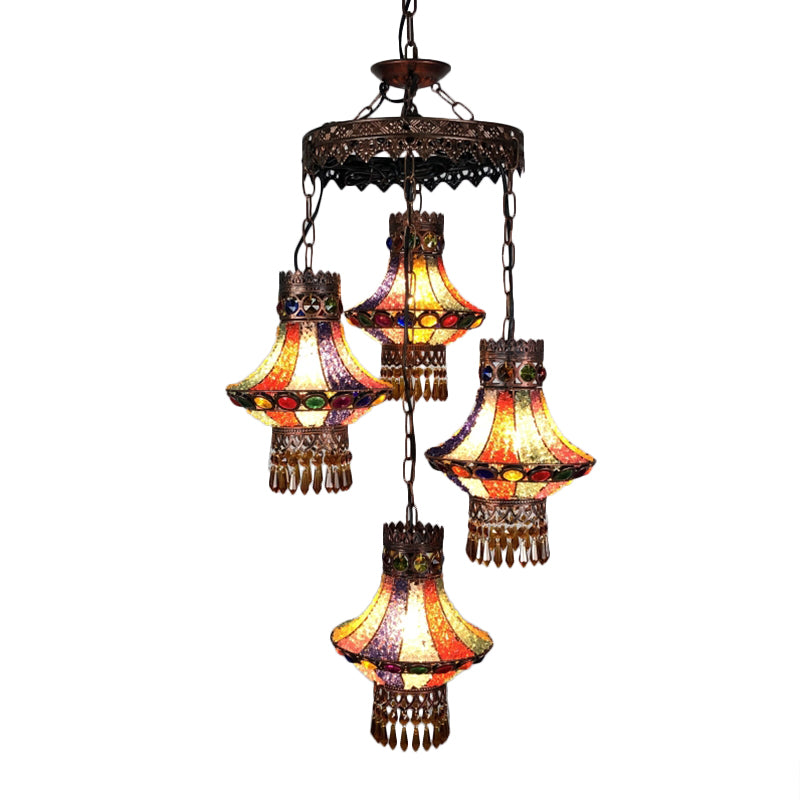 Bohemian Lantern Pendant Chandelier 3/4 Heads Metal Hanging Ceiling Light in Copper for Restaurant