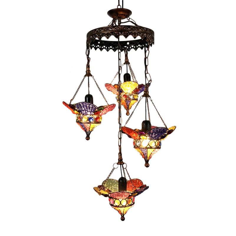 Lantern Metal Chandelier Lighting Fixture Bohemian 4 Bulbs Restaurant Ceiling Light in Yellow/Orange/Purple