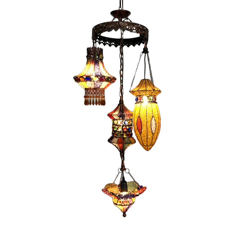 Lantern Metal Chandelier Lighting Fixture Bohemian 4 Bulbs Restaurant Ceiling Light in Yellow/Orange/Purple