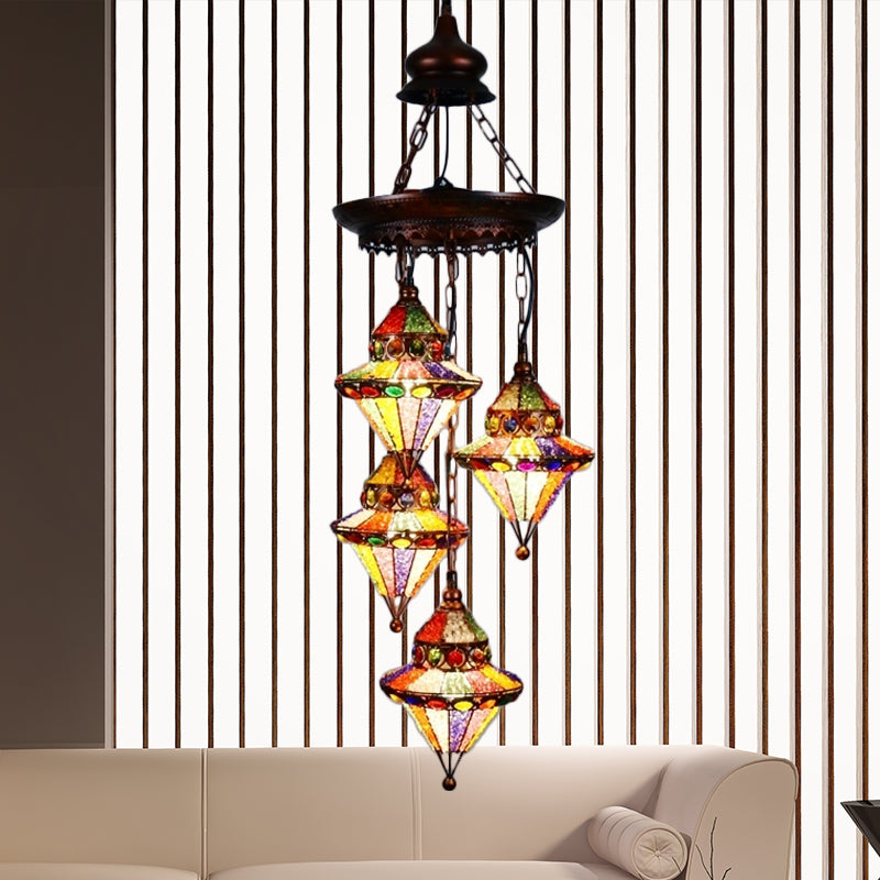 Metal Lantern Chandelier Lamp Bohemian 4 Heads Living Room Drop Lamp in Copper