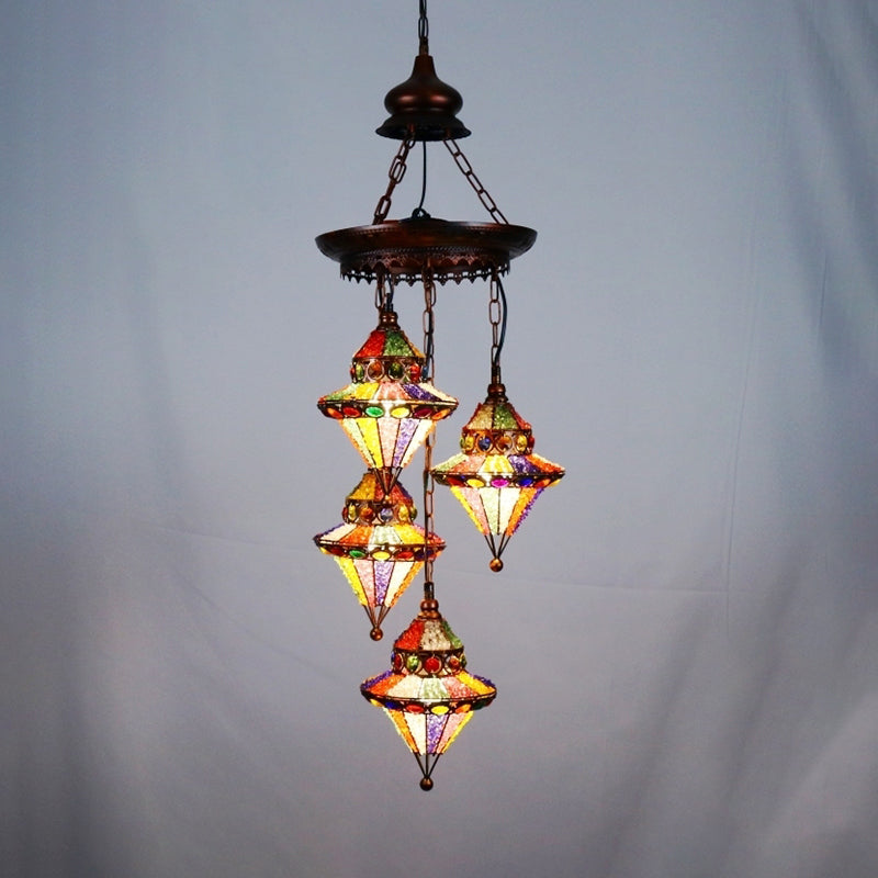 Metal Lantern Chandelier Lamp Bohemian 4 Heads Living Room Drop Lamp in Copper