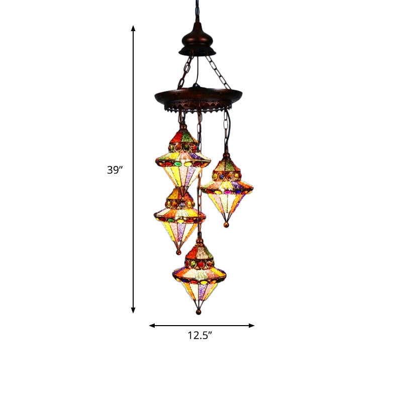 Metal Lantern Chandelier Lamp Bohemian 4 Heads Living Room Drop Lamp in Copper