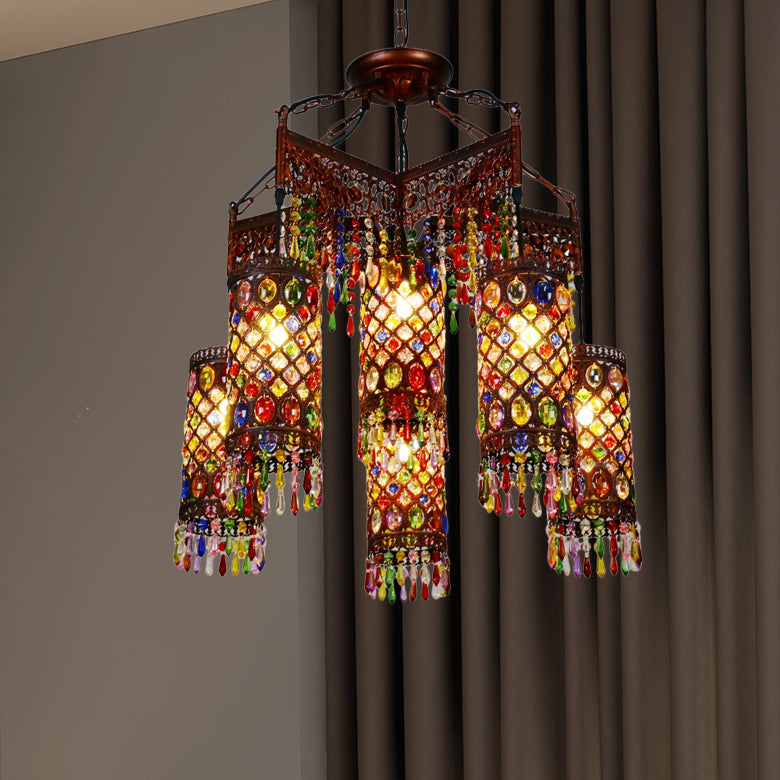 6 Bulbs Hanging Chandelier Bohemian Cylinder Metal Pendant Light Fixture in Copper for Living Room