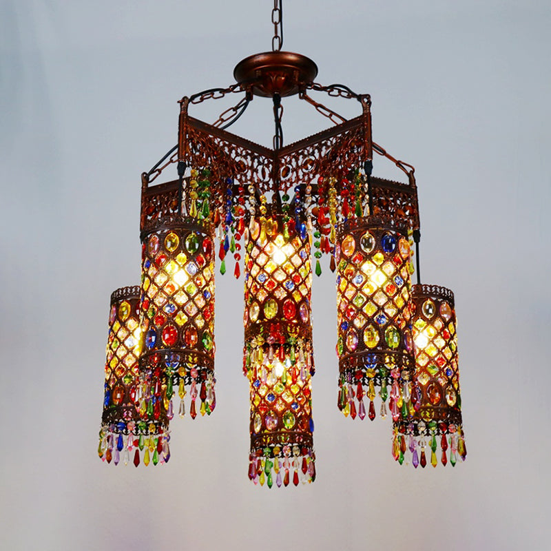 6 Bulbs Hanging Chandelier Bohemian Cylinder Metal Pendant Light Fixture in Copper for Living Room