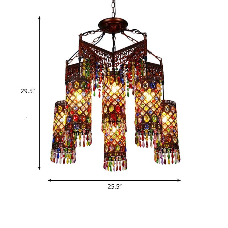 6 Bulbos Araña colgante Cilindro Bohemio Cilindro de metal Luz de metal Luz en cobre para sala de estar