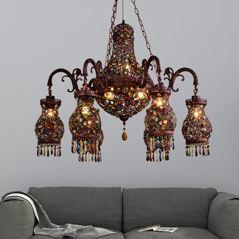 Urn Shaped Restaurant Ceiling Chandelier Bohemian Metal 9 Lights Copper Hanging Lamp Kit