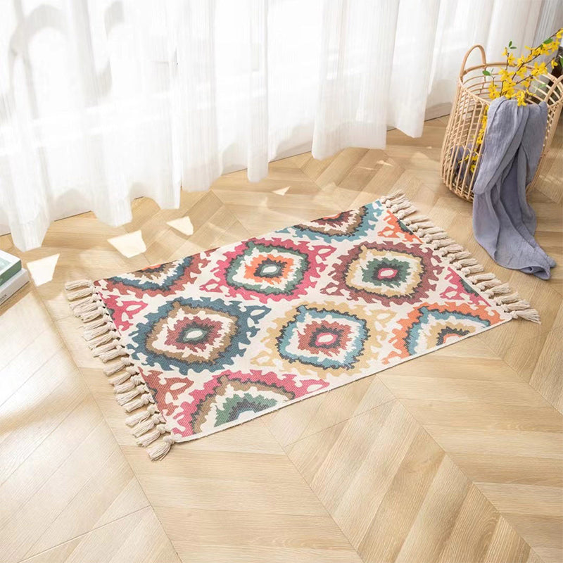 Bohemian Stammesdruck Teppich Retro waschbarer Teppich Fransen -Design Baumwollmischteppich für Wohnkultur