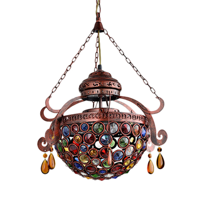 Metal Bowl Drop Pendant Antique 1 Light Living Room Hanging Light Fixture in Copper