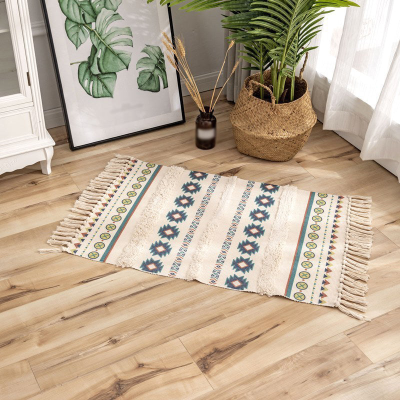 Bohemian Multi-Color Rug Americana Print Area Carpet Fringe Cotton Blend Rug for Home Decor