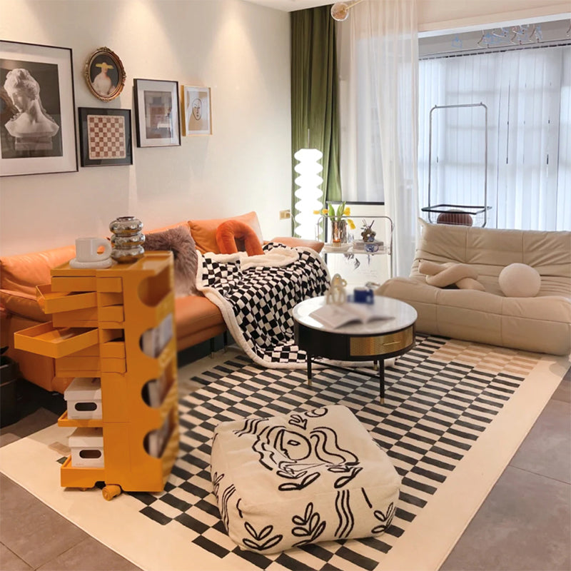 Black Checkerboard Rug Polyester Modern Rug Non-Slip Backing Rug for Home Decor