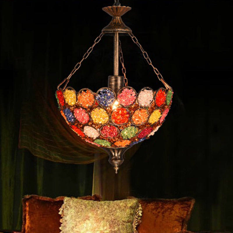 Orange Bowl Shape Hanging Light Bohemian Metal 1 Bulb Restaurant Pendant Lighting Fixture