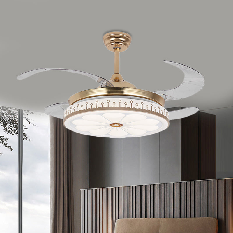 LED 42 "W Ronde ventilatorlamp Modern Gold Metal 4 Blades Semi Flush Mount Lighting voor slaapkamer, afstandsbediening/wandregeling/afstandsbediening en wandregeling