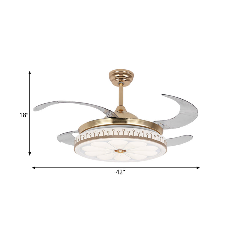 LED 42 "W Ronde ventilatorlamp Modern Gold Metal 4 Blades Semi Flush Mount Lighting voor slaapkamer, afstandsbediening/wandregeling/afstandsbediening en wandregeling