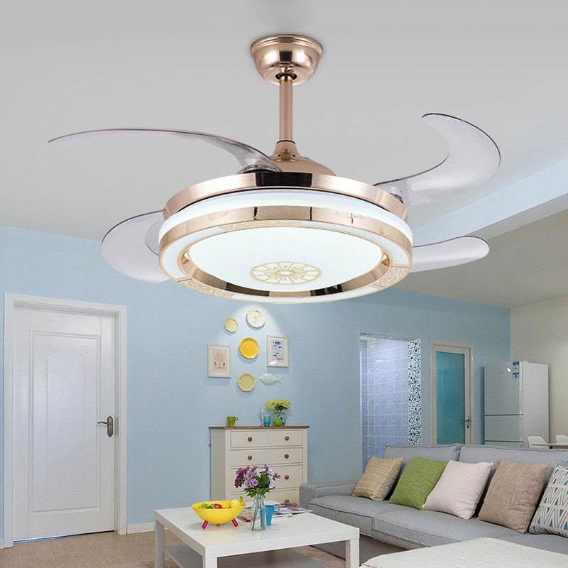 42 "Breedte Cirkel Woonkamer Ventoon verlichting Hedendaags metalen LED Gold Semi -spoelplafondlicht met 4 messen, op afstand/muurregeling/afstandsbediening en muurregeling