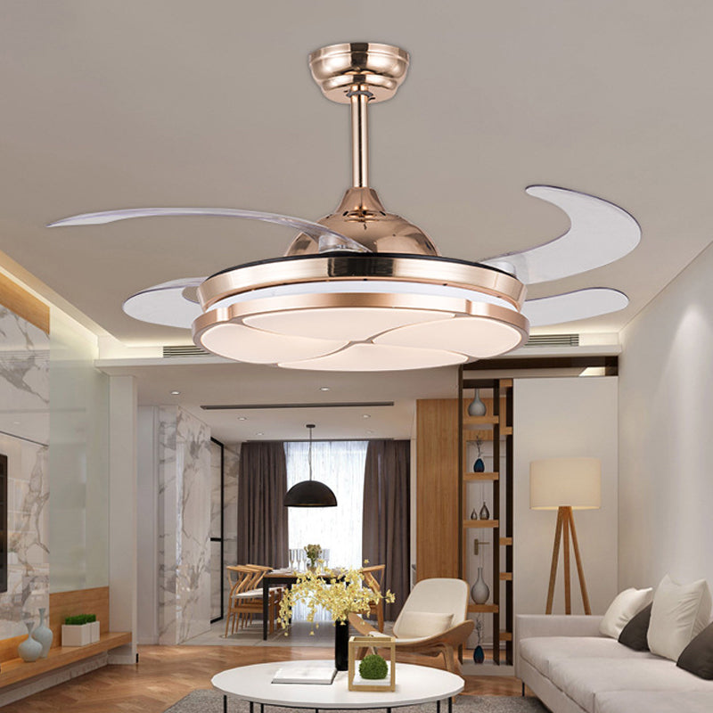 36 "brede gouden LED hangende ventilatorverlichting Minimalisme Metalen Ring 4 Duidelijke messen Semi -spoelplafondlicht voor woonkamer, afstandsbediening/muurregeling/afstandsbediening en muurregeling