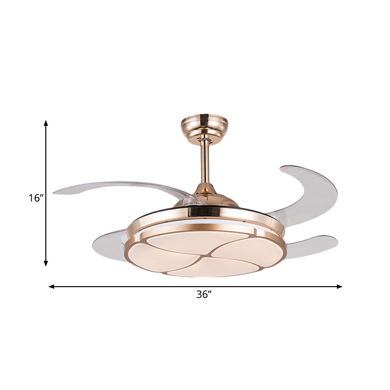 36 "breit goldene LED Hanging Lüfterbeleuchtung Minimalismus Metallring 4 klare Klingen Halbflächen -Deckenlicht für Wohnzimmer, Fern-/Wandsteuerung/Fernbedienung und Wandsteuerung