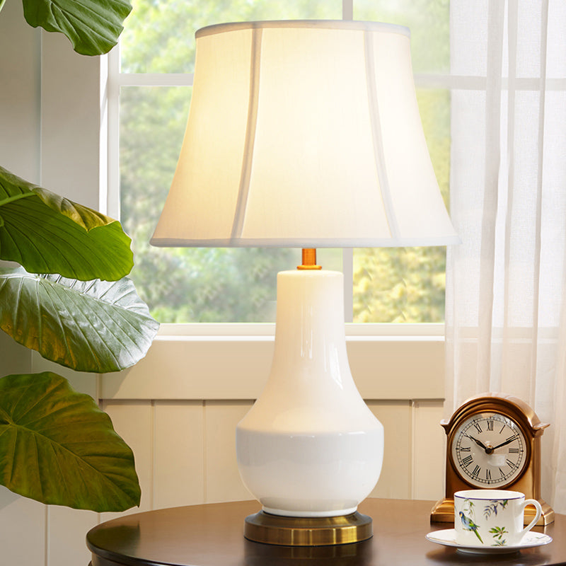 Modern Bell Shape Desk Lamp Fabric 1 Bulb Table Light in White with Jar Ceramic Base