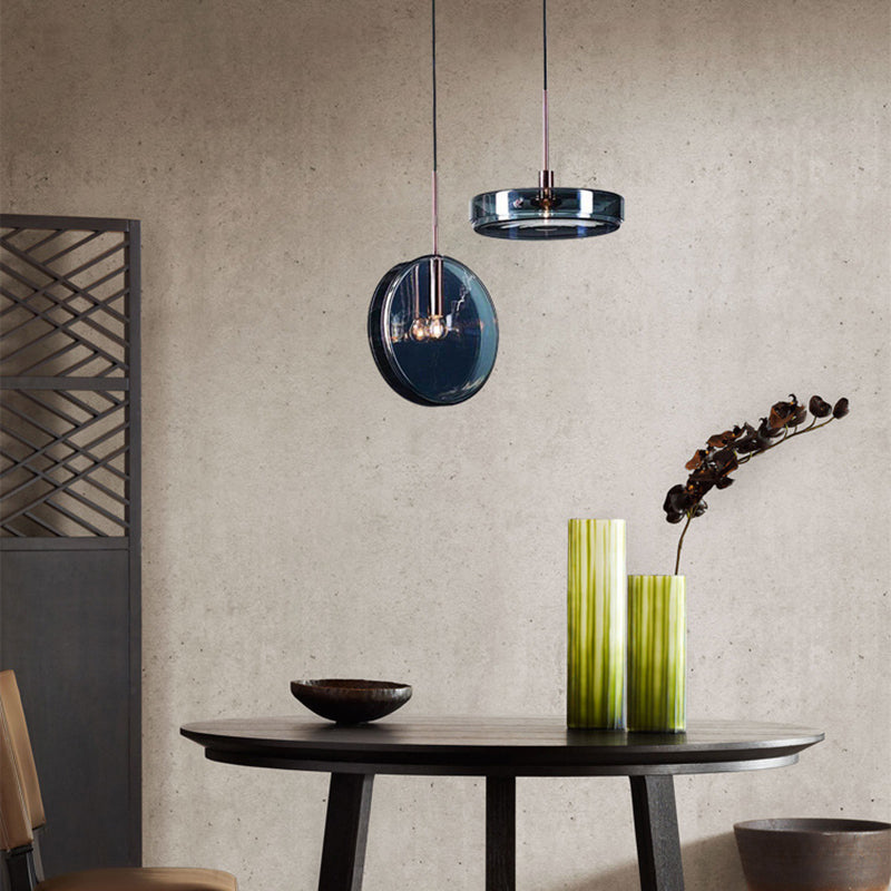 Modern Artistic Single Pendant Light Wrought Iron Circular Hanging Lamp with Glass Shade