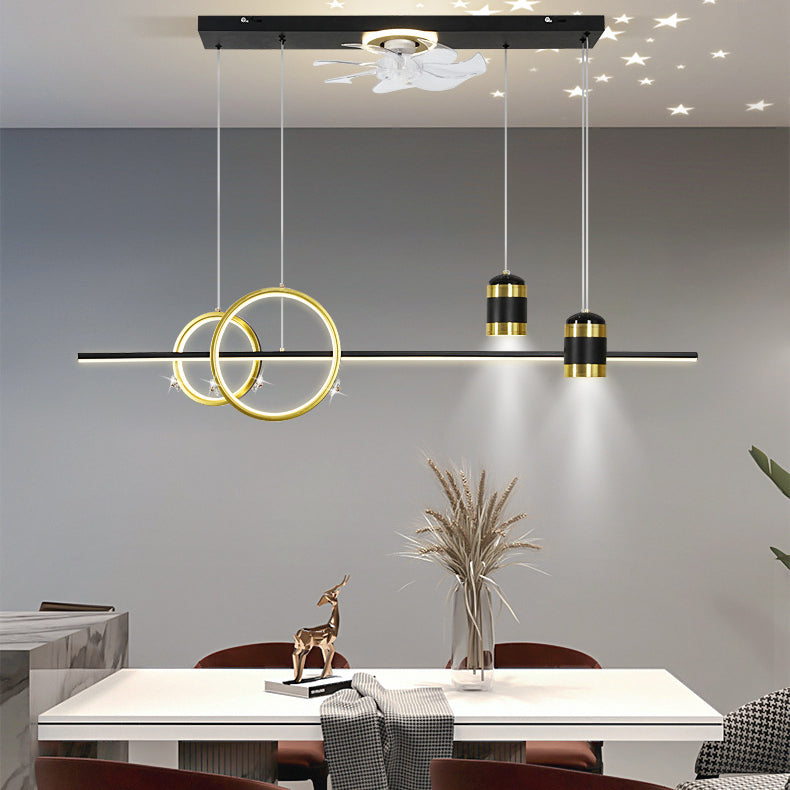 Geometric Island Lights Modern Metal Island Lamp with Fan in Black and Gold
