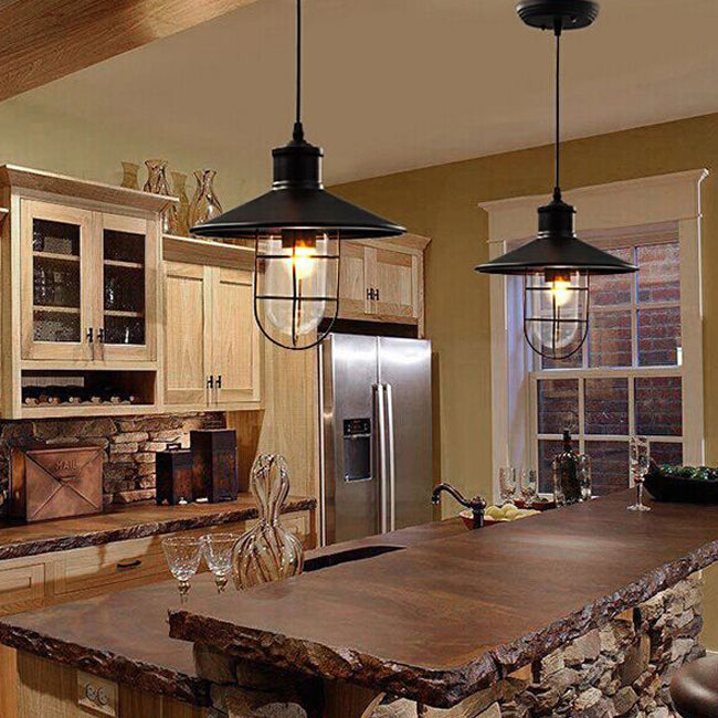 Iron Frame Single Pendant Light in Industrial Retro Style Glass Cone Hanging Lamp in Black