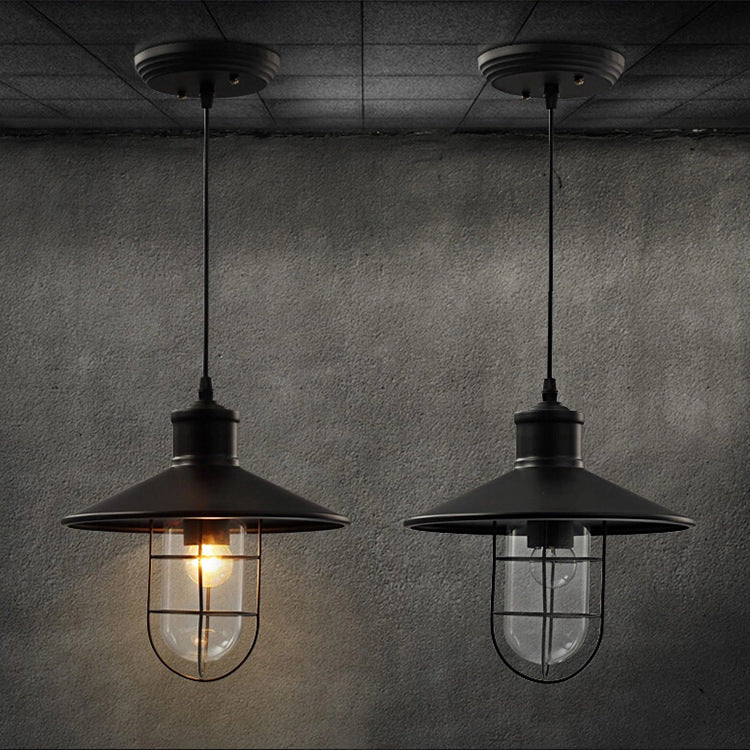 Iron Frame Single Pendant Light in Industrial Retro Style Glass Cone Hanging Lamp in Black