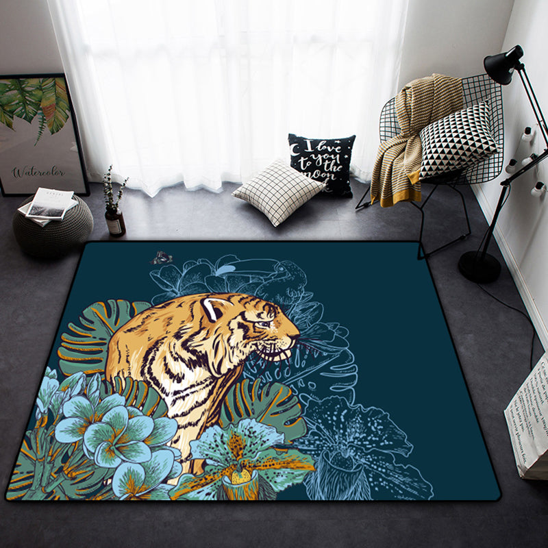 Black Modern Carpet Tiger Pattern Polyester Area Rug Stain Resistant Rug for Home Decor