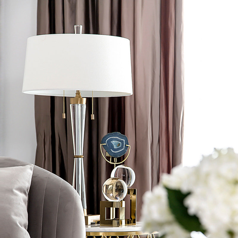 Drum Shade Task Light Modern Fabric 2 Bulbs Reading Lamp in Gold with Pull Chain