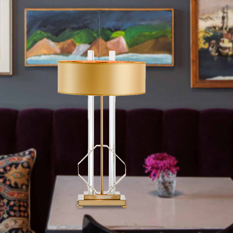 Lampada da tavolo con paralume dritto, illuminazione da lavoro in tessuto modernista, 1 lampadina, lampada da lettura in oro