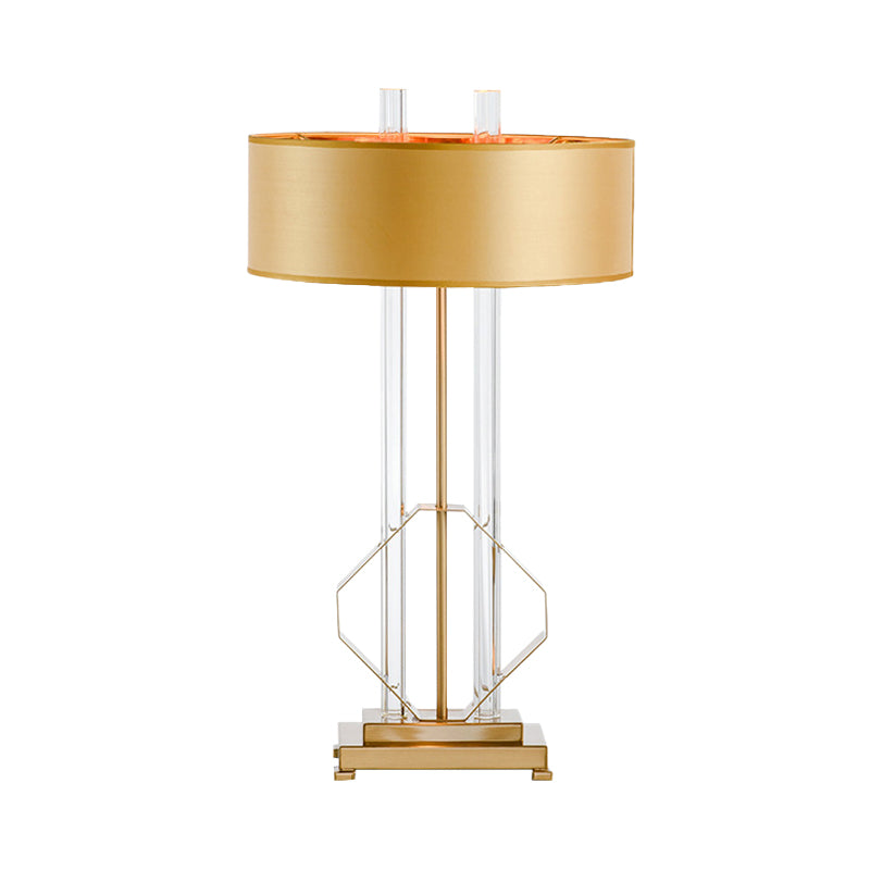Lampada da tavolo con paralume dritto, illuminazione da lavoro in tessuto modernista, 1 lampadina, lampada da lettura in oro
