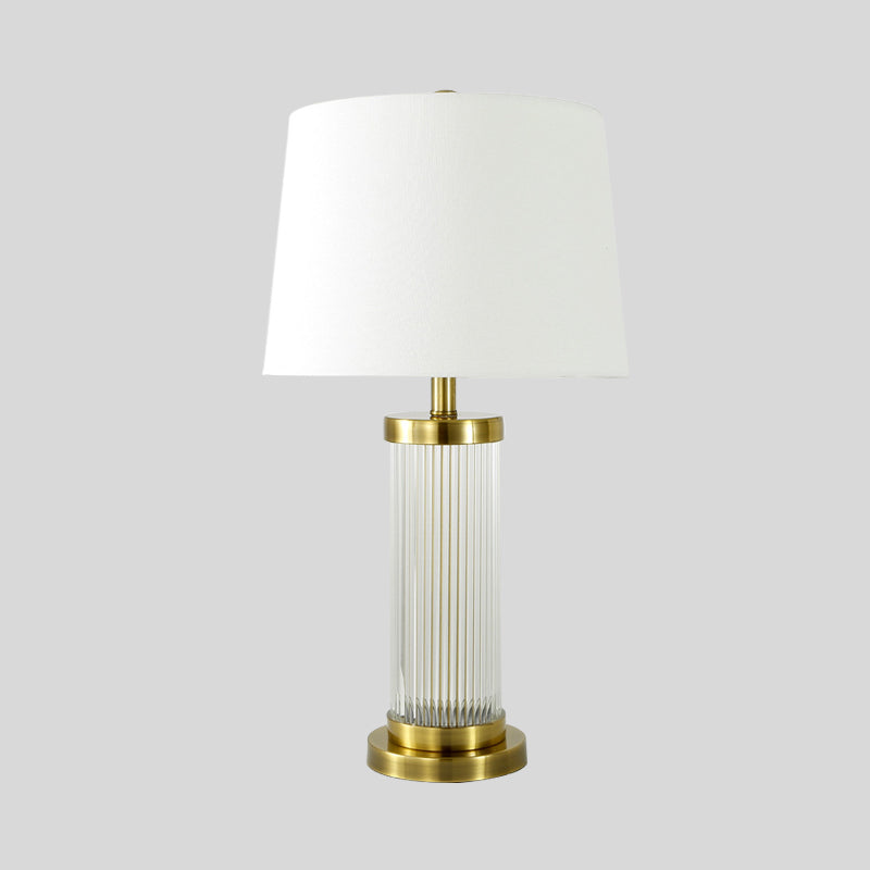 Lampada da tavolo moderna a 1 lampadina, luce dorata, a fiamma larga, piccola lampada da scrivania con paralume in tessuto