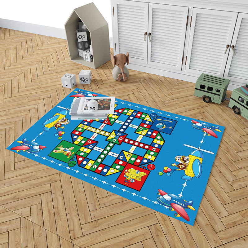 Kids Aeroplane Chess Print Rug Polyester Carpet Non-Slip Backing Indoor Rug for Children's Bedroom
