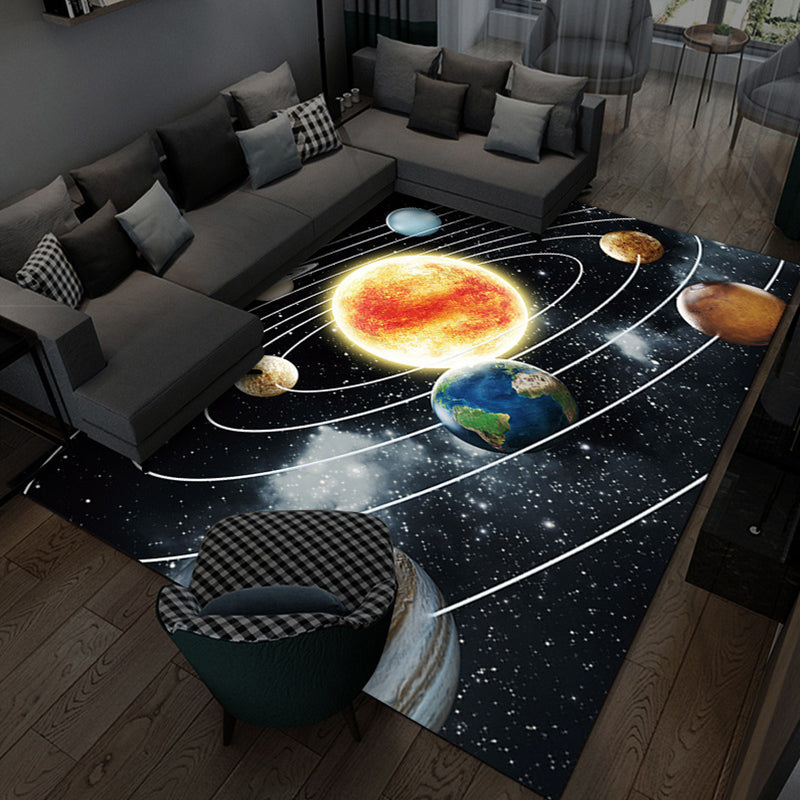 Black Modern Rug Polyester Planet Indoor Rug Stain Resistant Rug for Home Decor