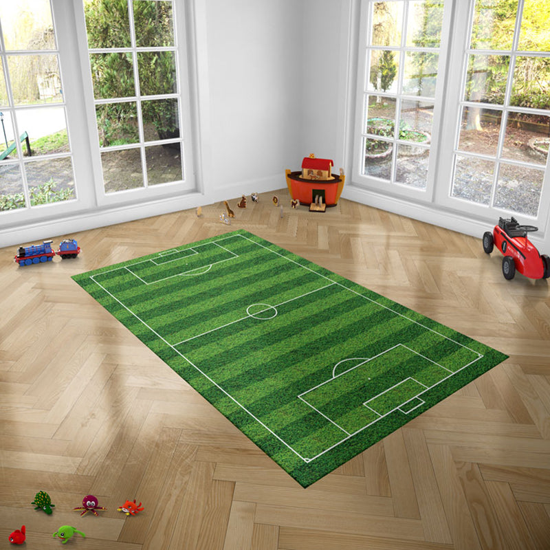 Green Modern Carpet Polyester Football Field Pattern Rug Anti-Slip Easy Care Rug for Drawing Room
