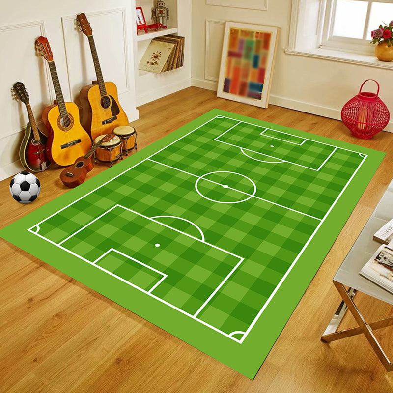 Green Living Room Rug Soccer Field Pattern Polyester Area Carpet Non-Slip Backing Area Rug