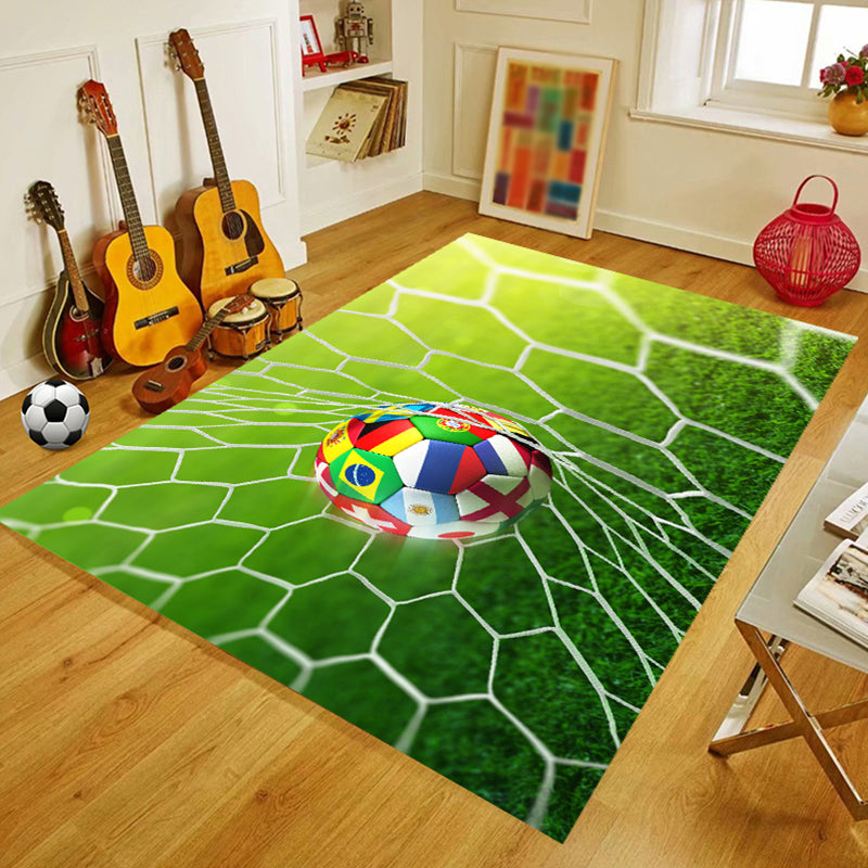 Green Living Room Rug Soccer Field Pattern Polyester Area Carpet Non-Slip Backing Area Rug