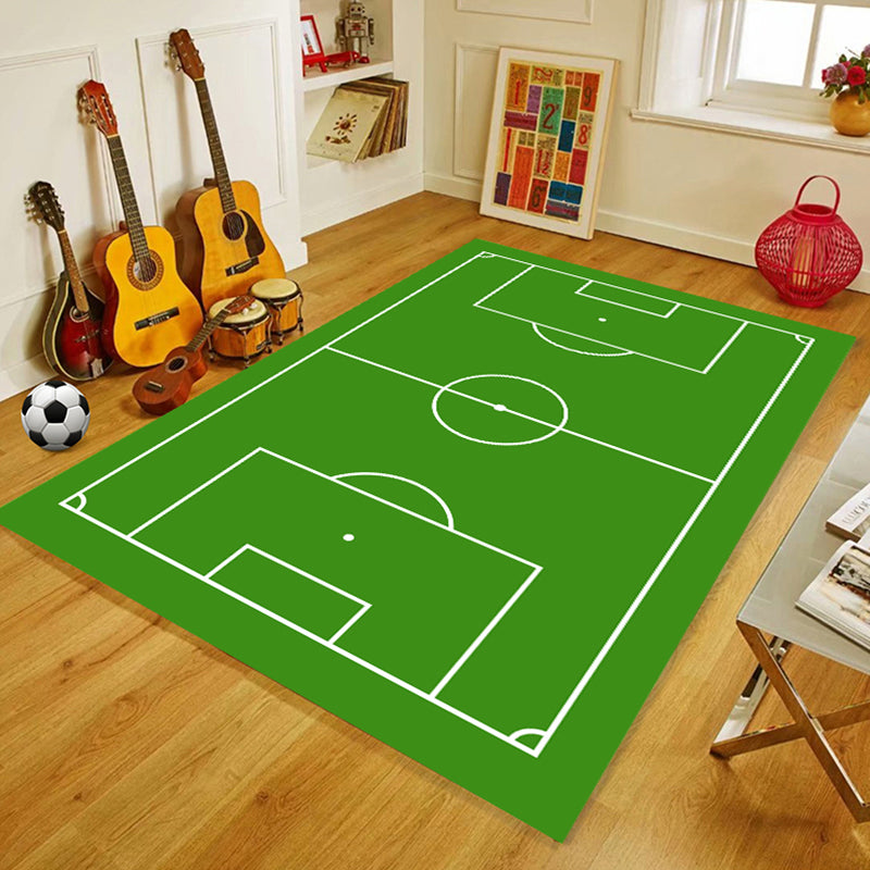 Green Living Room Rug Soccer Field Pattern Polyester Area Carpet Non-Slip Backing Area Rug