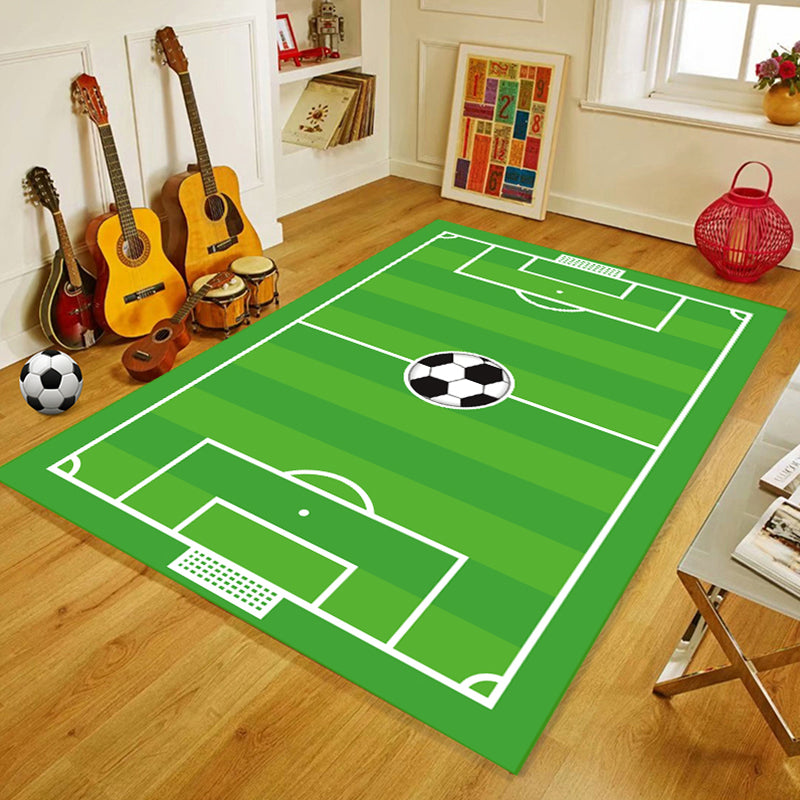 Green Living Room Rug Soccer Field Pattern Polyester Area Carpet Non-Slip Backing Area Rug