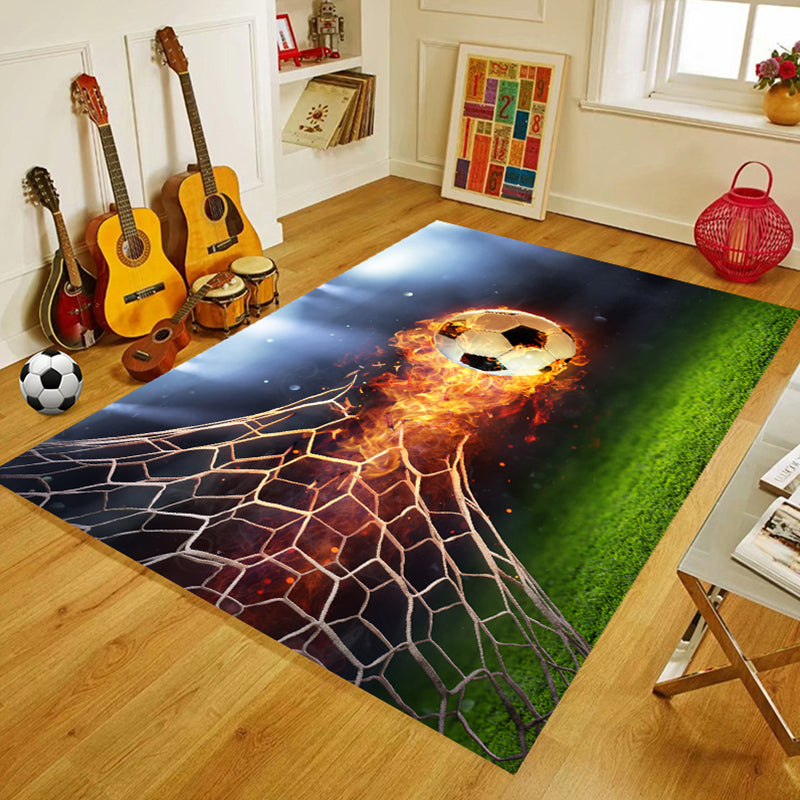 Green Living Room Rug Soccer Field Pattern Polyester Area Carpet Non-Slip Backing Area Rug