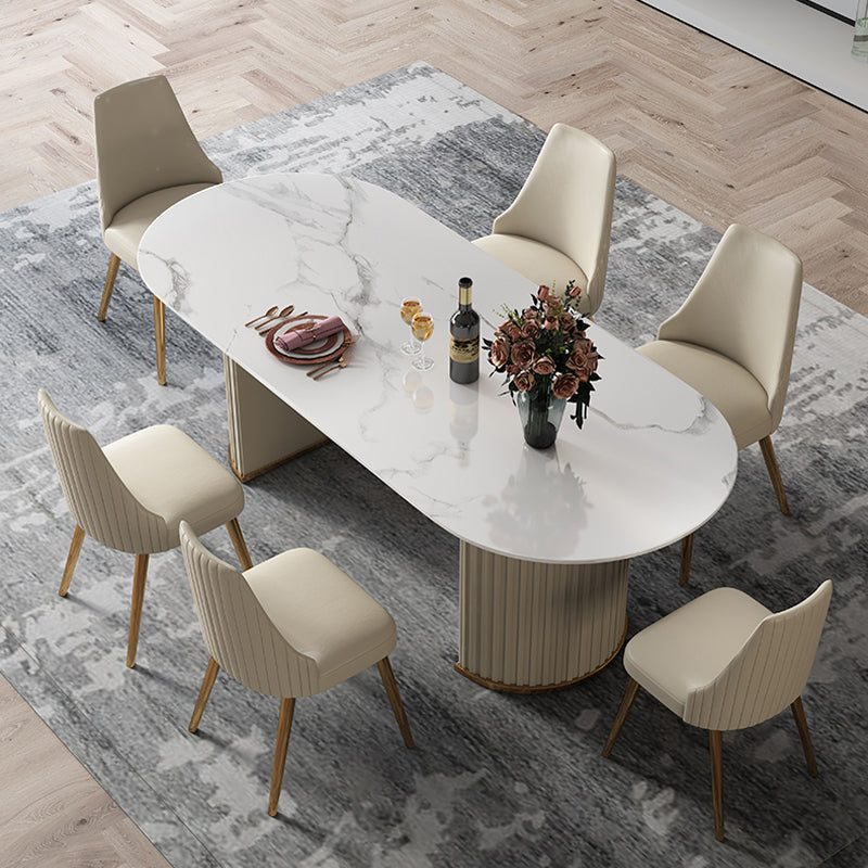 Mesa de comedor de piedra sinterizada glamorosa de sinterización de mesa de comedor estándar con bases de pedestal doble