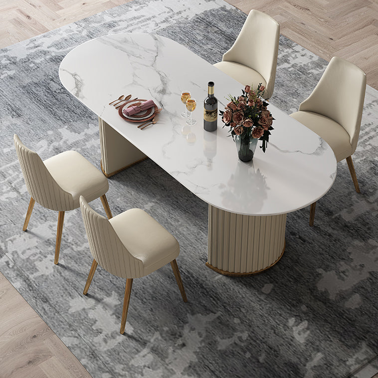 Mesa de comedor de piedra sinterizada glamorosa de sinterización de mesa de comedor estándar con bases de pedestal doble