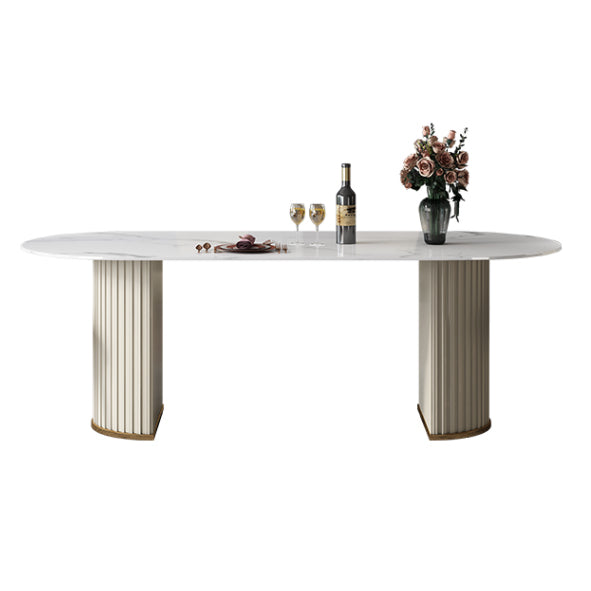 Mesa de comedor de piedra sinterizada glamorosa de sinterización de mesa de comedor estándar con bases de pedestal doble