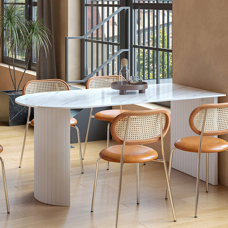 Free Form Sintered Stone Table White Tone Simplicity Double Pedestal Table for Dining Room
