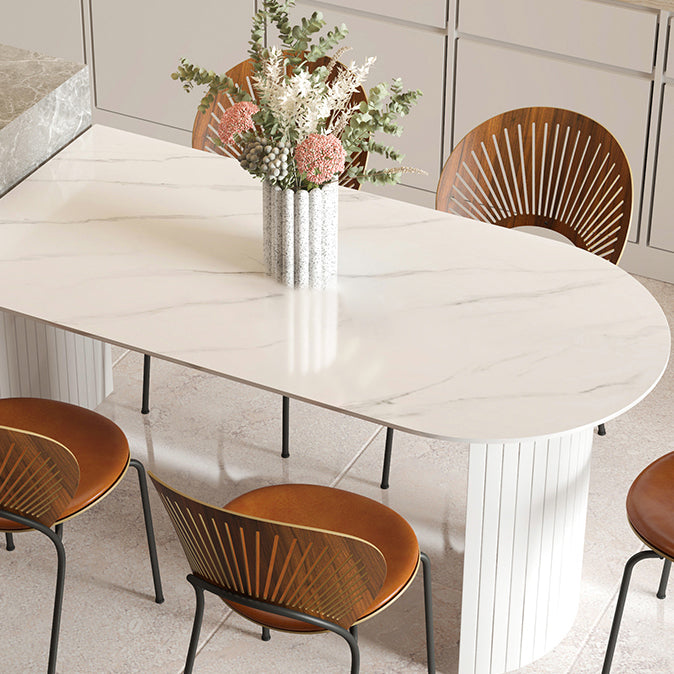 Free Form Sintered Stone Table White Tone Simplicity Double Pedestal Table for Dining Room