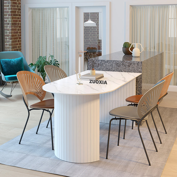 Free Form Sintered Stone Table White Tone Simplicity Double Pedestal Table for Dining Room