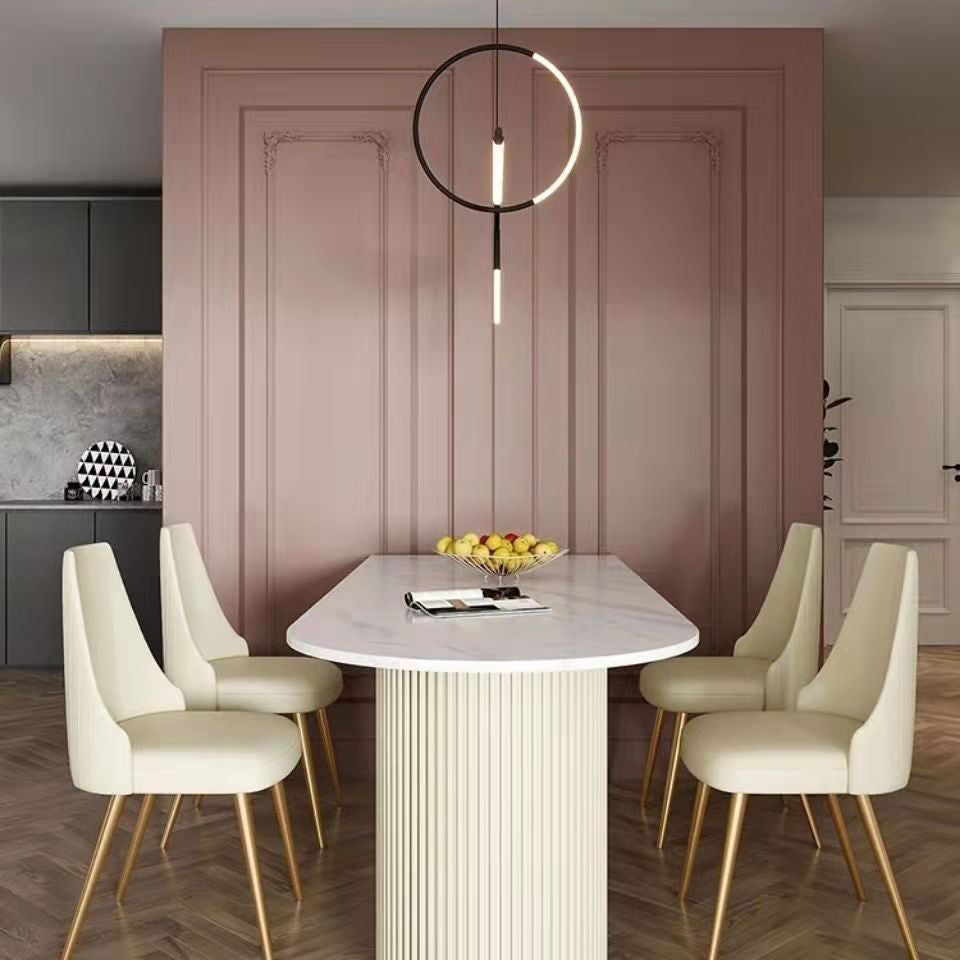 Vast hout eigentijdse ovale eettafel dubbele voetstuktafel voor eetkamer