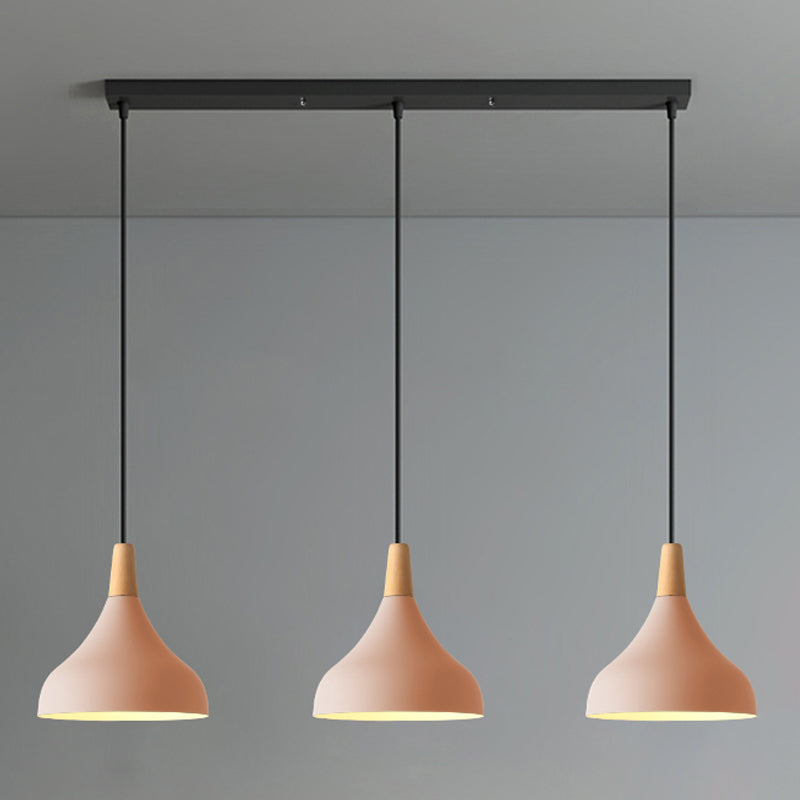 Luz de colgante de forma de oleaje Macaron metal de 3 cabezas Multi colgantes lámparas con punta de madera