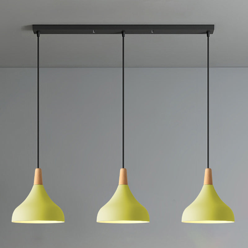 Luz de colgante de forma de oleaje Macaron metal de 3 cabezas Multi colgantes lámparas con punta de madera