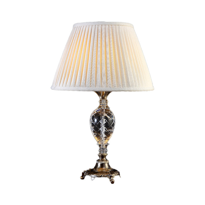 Lampada da tavolo moderna plissettata grigio crema, lampada da scrivania in tessuto a 1 lampadina, base in metallo intagliato in bronzo
